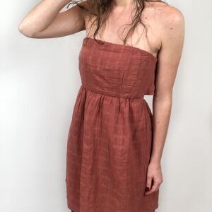 Socialite Cedar Wood Orange Brown Tie Back Strapless Mini Dress Women's Medium